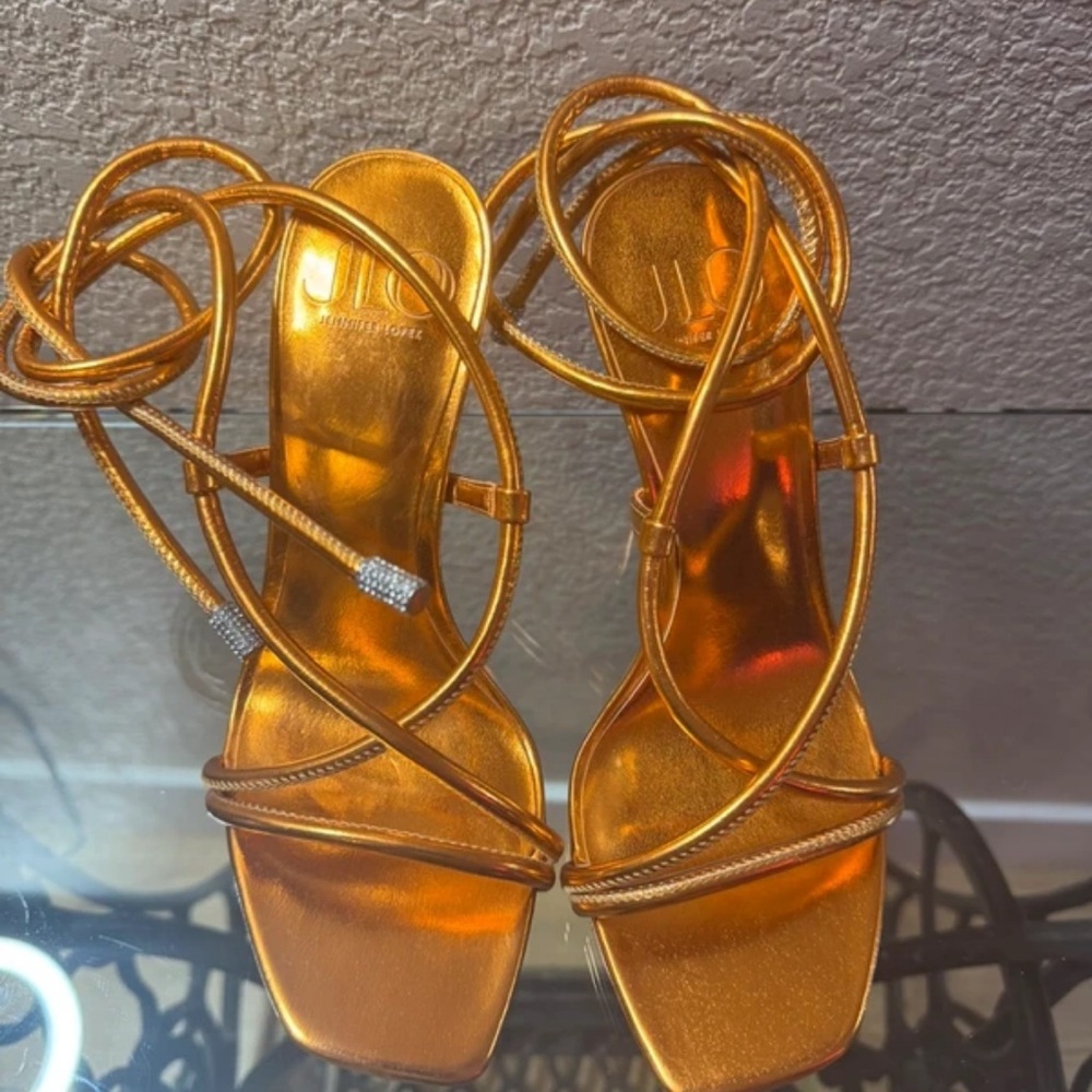 Metallic Orange Strappy Lace-Up Heels by Unknown Brand